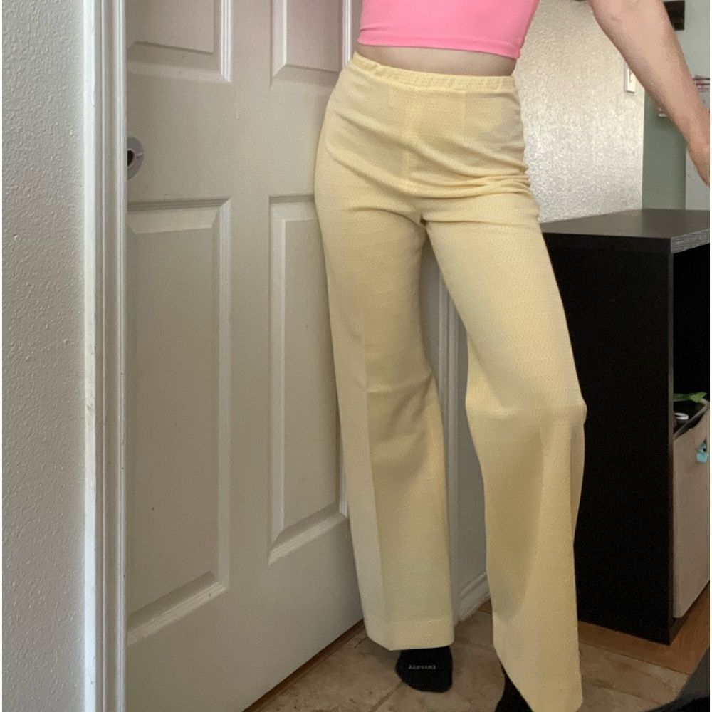 Vintage 70s Polka Dot Textured High Waisted Bell Bottom Pants Sz Small Yellow